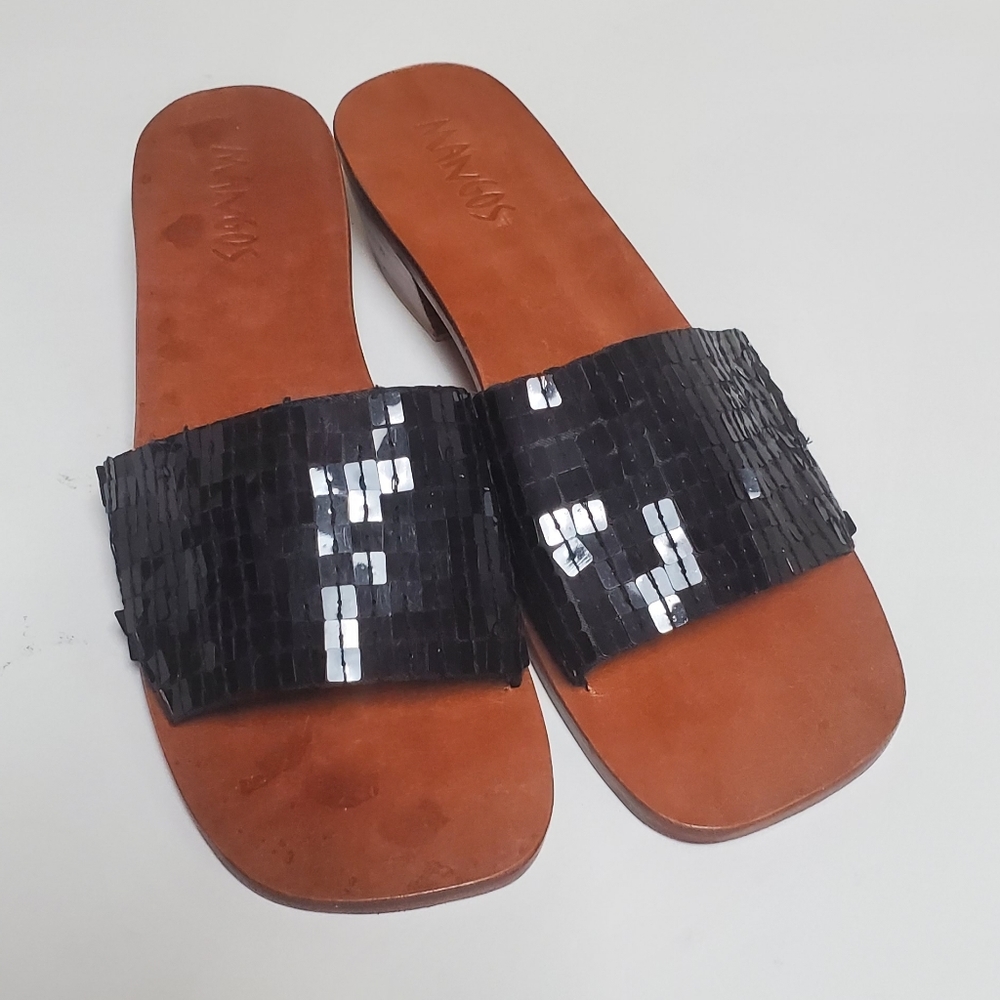 Mangos Black Sequined Leather Slide Sandals Size 8